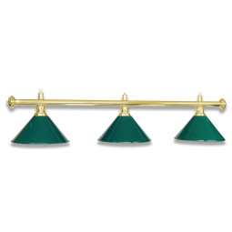 Metall-Lampe mit 3 Schirmen für Billardtische. Oberfläche Messing poliert.