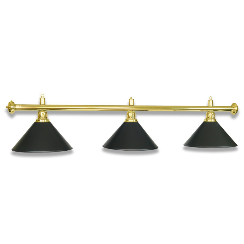 Billardlampe mit polierter Messing Oberfläche und schwarzen Blechschirmen.
