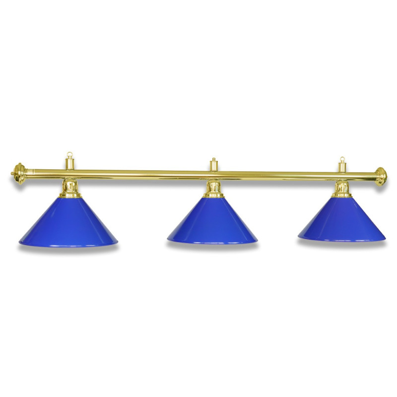 Billardlampe mit drei Schirmen Blau aus Blech. Gestänge mit polierter Messing Oberfläche.
