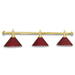 Billardlampe mit 3 Schirmen aus Blech Farbe burgundy (Weinrot). Gestänge mit Oberfläche aus poliertem Messing.