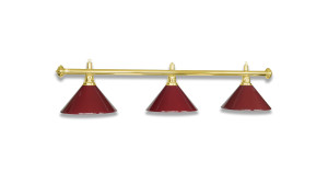 Billardlampe mit 3 Schirmen aus Blech Farbe burgundy (Weinrot). Gestänge mit Oberfläche aus poliertem Messing.