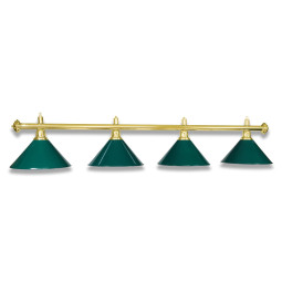 Billardlampe mit 4 Schirmen. Gestänge Messing poliert, Schirme Blech grün.