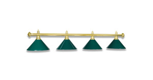 Billardlampe mit 4 Schirmen. Gestänge Messing poliert, Schirme Blech grün.